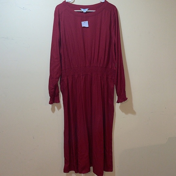 Women’s New Croft and Barrow Red Midi Dress Long Sleeve Smocked Waist An… - Picture 2 of 6